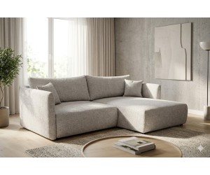 Ausziehbare Eckcouch in L-Form, Schlaffunktion & Bettkasten, Stoff ARAGON in Hellgrau, MAGNUM N2