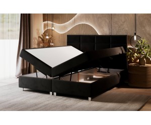 Boxspringbett 200x200 cm, Ehebett mit Bettkasten, verchromte Füße, niedriges Kopfteil auf Wunsch, MEROO 5M