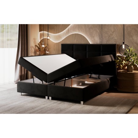 Boxspringbett 200x200 cm, Ehebett mit Bettkasten, verchromte Füße, niedriges Kopfteil auf Wunsch, MEROO 5M