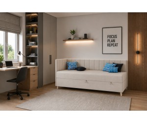 Einzelbett 90x200 cm auf Holzfüßen, Kopfteil und Seitenblende mit vertikalen Nähten, INTARO A16