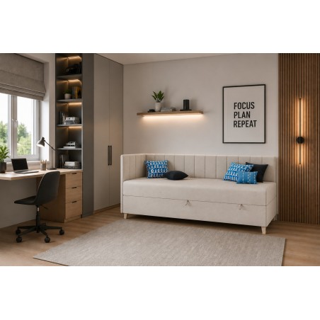Einzelbett 90x200 cm auf Holzfüßen, Kopfteil und Seitenblende mit vertikalen Nähten, INTARO A16