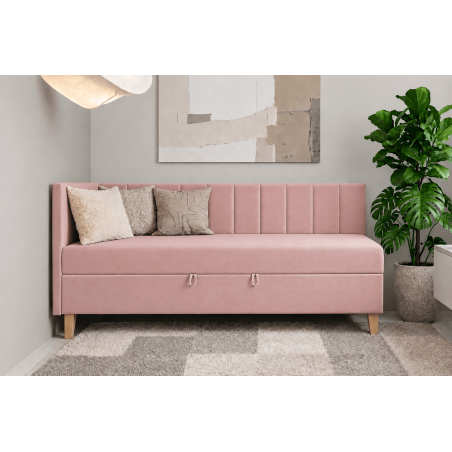 Singlebett 120x200 cm auf Holzfüßen, Kopfteil und Seitenblende mit vertikalen Nähten, INTARO A16