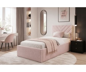 Einzelbett 90x200 cm mit Bettkasten, Lattenrost und pflegeleichtem Stoff, vom Fußteil geöffnet, Polsterbett AZURO S01