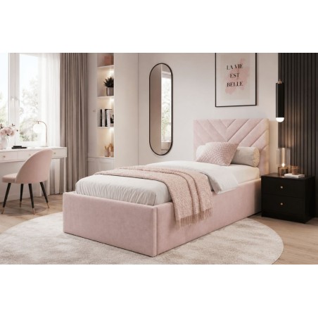 Einzelbett 90x200 cm mit Bettkasten, Lattenrost und pflegeleichtem Stoff, vom Fußteil geöffnet, Polsterbett AZURO S01
