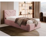 Einzelbett 90x200 cm mit Bettkasten, Lattenrost und pflegeleichtem Stoff, vom Fußteil geöffnet, AZURO S03
