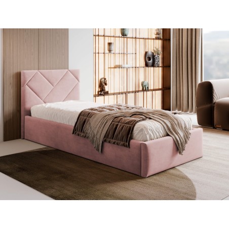 Einzelbett 90x200 cm mit Bettkasten, Lattenrost und pflegeleichtem Stoff, vom Fußteil geöffnet, AZURO S03