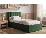 Einzelbett 100x200 cm für Jugendzimmer mit Bettkasten, Lattenrost, vertikale Nähte, vom Fußteil geöffnet, AZURO S04