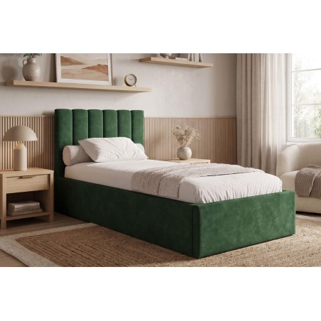 Einzelbett 100x200 cm für Jugendzimmer mit Bettkasten, Lattenrost, vertikale Nähte, vom Fußteil geöffnet, AZURO S04