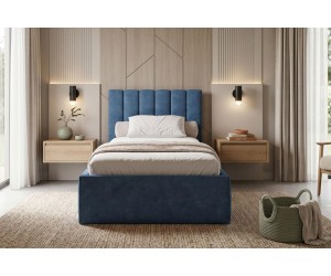 Einzelbett 120x200 cm für Jugendzimmer mit Bettkasten, Lattenrost, vertikale Nähte, vom Fußteil geöffnet, AZURO S04