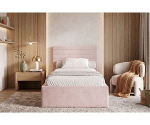 Einzelbett 100x200 cm mit Bettkasten, Lattenrost, horizontale Nähte, vom Fußteil geöffnet, AZURO S06