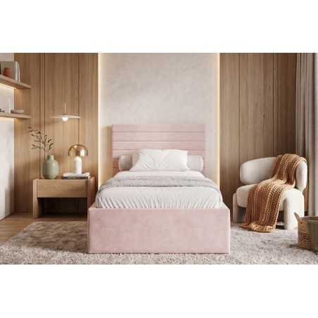 Einzelbett 100x200 cm mit Bettkasten, Lattenrost, horizontale Nähte, vom Fußteil geöffnet, AZURO S06