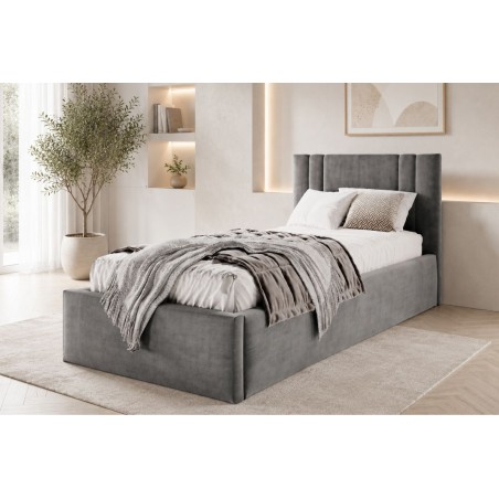 Einzelbett 100x200 cm mit Bettkasten, Lattenrost und pflegeleichtem Stoff, vom Fußteil geöffnet, AZURO S08