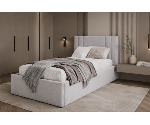 Einzelbett 120x200 cm mit Bettkasten, Lattenrost und pflegeleichtem Stoff, vom Fußteil geöffnet, AZURO S08