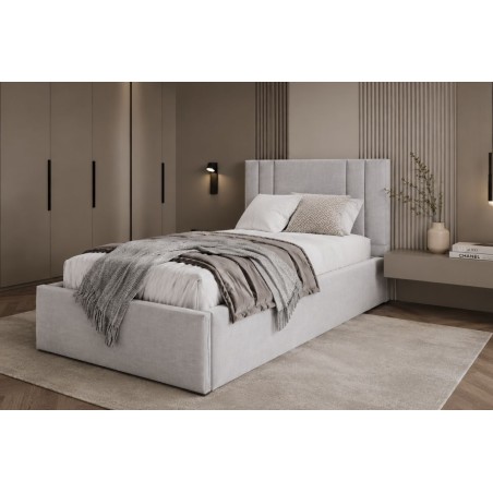 Einzelbett 120x200 cm mit Bettkasten, Lattenrost und pflegeleichtem Stoff, vom Fußteil geöffnet, AZURO S08