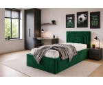 Stilvolles Einzelbett 90x200 cm mit Bettkasten, Lattenrost und pflegeleichtem Stoff, vom Fußteil geöffnet, AZURO S09