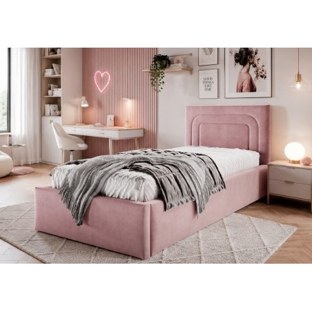 Stilvolles Einzelbett 90x200 cm mit Bettkasten, Lattenrost und pflegeleichtem Stoff, vom Fußteil geöffnet, AZURO S09
