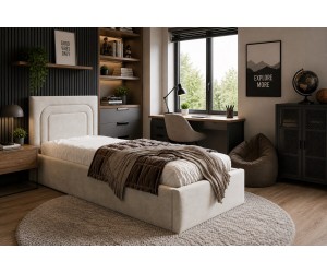 Modernes Einzelbett 120x200 cm mit Lattenrost und Bettkasten, vom Fußteil geöffnet, AZURO S09