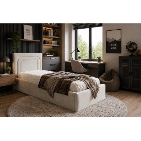 Modernes Einzelbett 120x200 cm mit Lattenrost und Bettkasten, vom Fußteil geöffnet, AZURO S09
