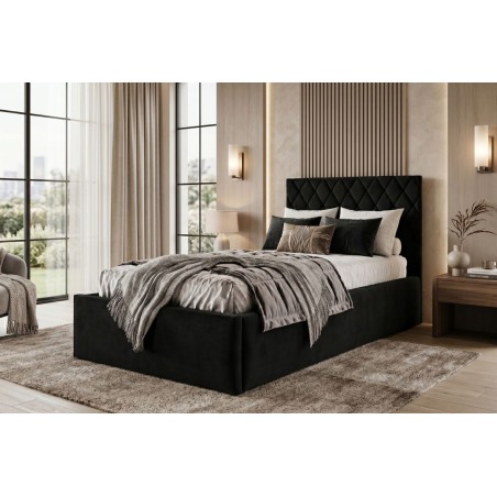 Jugendbett 90x200 cm mit Rauten-Kopfteil, Samtstoff, vom Fußteil geöffnet, AZURO S10