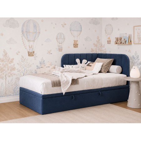 Komfortables Eckbett 90x200 cm mit Bettkasten, Einzelbett, Polsterbett für Jugendzimmer, KEVIN 1R