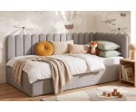 Polsterbett 90x200 cm mit Paneelen im Zaun-Design und Bettkasten, Jugendbett LILO SM 02