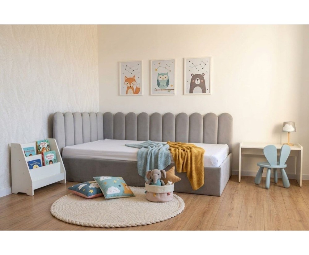 Polsterbett 120x200 cm LINKS mit Paneelen im Zaun-Design und Bettkasten, Stoff Riviera 82 Asche, Jugendbett LILO SM 02