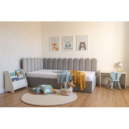 Polsterbett 120x200 cm LINKS mit Paneelen im Zaun-Design und Bettkasten, Stoff Riviera 82 Asche, Jugendbett LILO SM 02