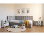 Polsterbett 120x200 cm LINKS mit Paneelen im Zaun-Design und Bettkasten, Stoff Riviera 82 Asche, Jugendbett LILO SM 02