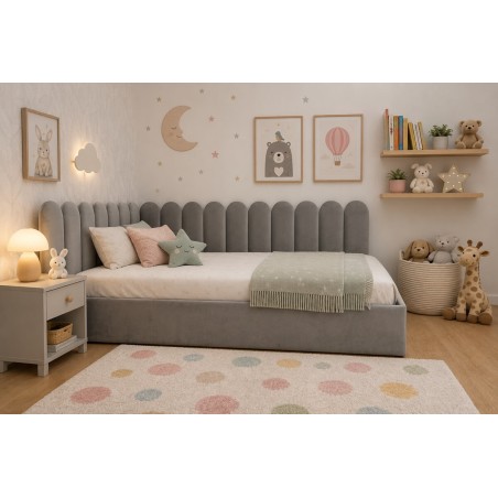 Polsterbett 120x200 cm LINKS mit Paneelen im Zaun-Design und Bettkasten, Stoff Riviera 82 Asche, Jugendbett LILO SM 02