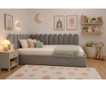 Polsterbett 120x200 cm LINKS mit Paneelen im Zaun-Design und Bettkasten, Stoff Riviera 82 Asche, Jugendbett LILO SM 02