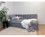 Polsterbett 120x200 cm LINKS mit Paneelen im Zaun-Design und Bettkasten, Stoff Riviera 82 Asche, Jugendbett LILO SM 02