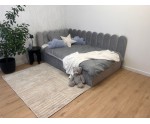 Polsterbett 120x200 cm LINKS mit Paneelen im Zaun-Design und Bettkasten, Stoff Riviera 82 Asche, Jugendbett LILO SM 02