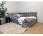 Polsterbett 120x200 cm LINKS mit Paneelen im Zaun-Design und Bettkasten, Stoff Riviera 82 Asche, Jugendbett LILO SM 02