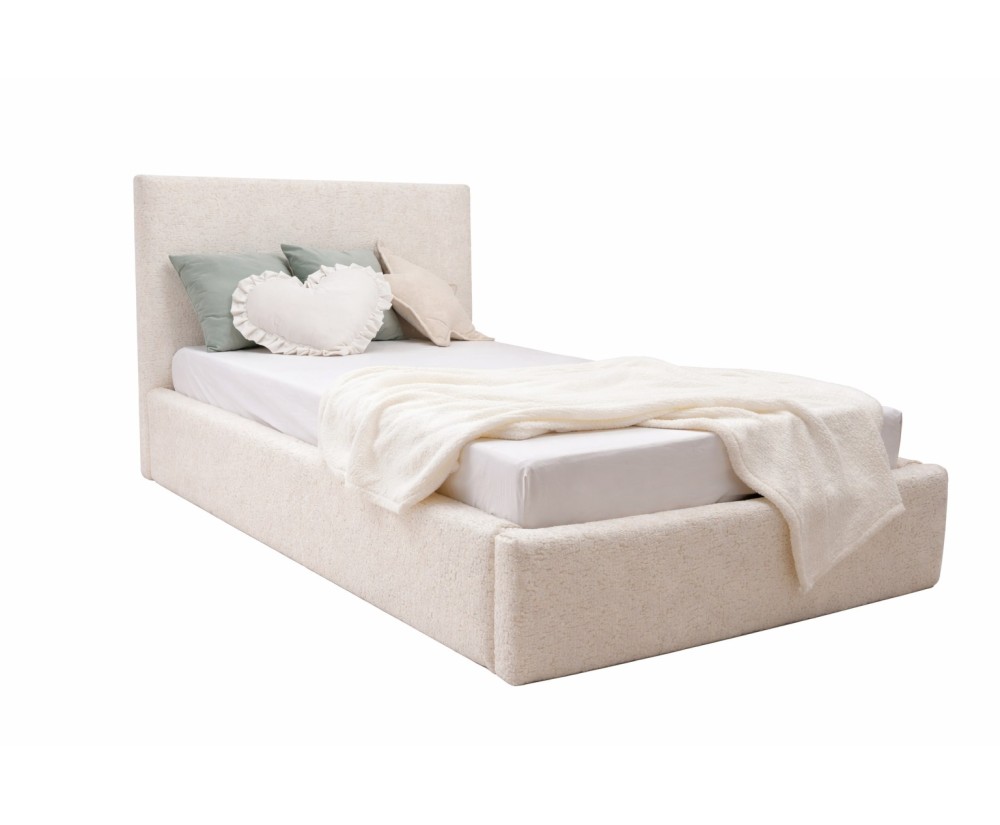 Polsterbett 90x200 cm mit glattem Kopfteil, Bettkasten und Lattenrost, Singlebett AZURO S05