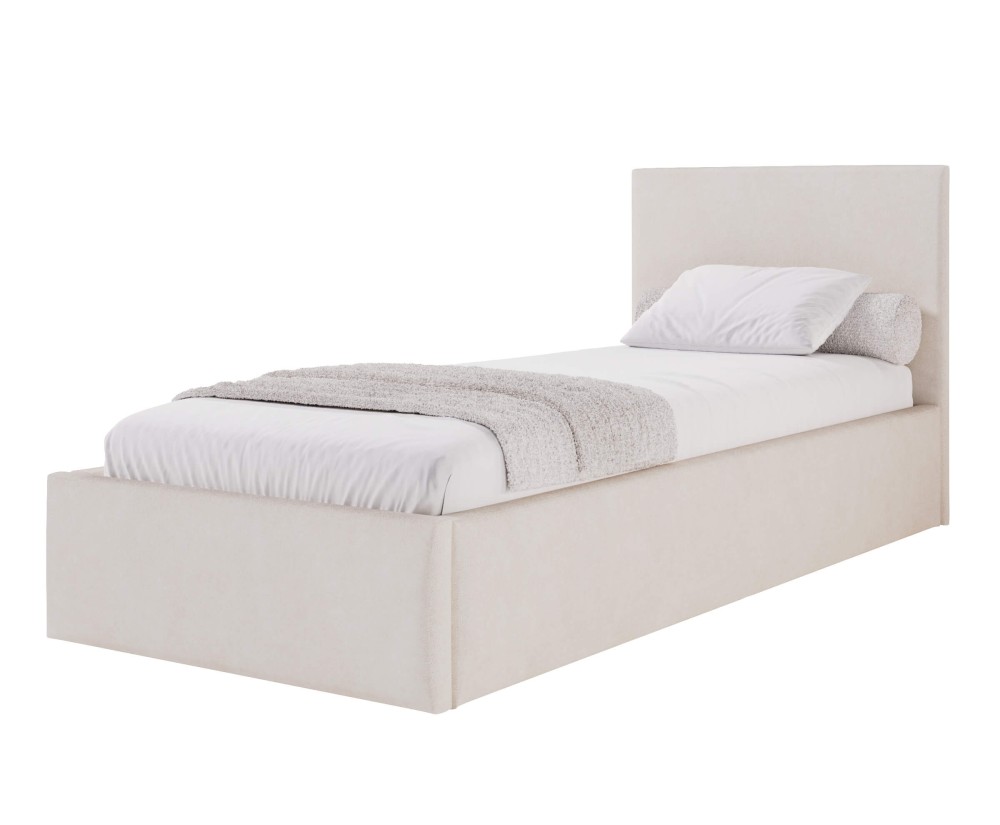 Polsterbett 90x200 cm mit glattem Kopfteil, Bettkasten und Lattenrost, Singlebett AZURO S05