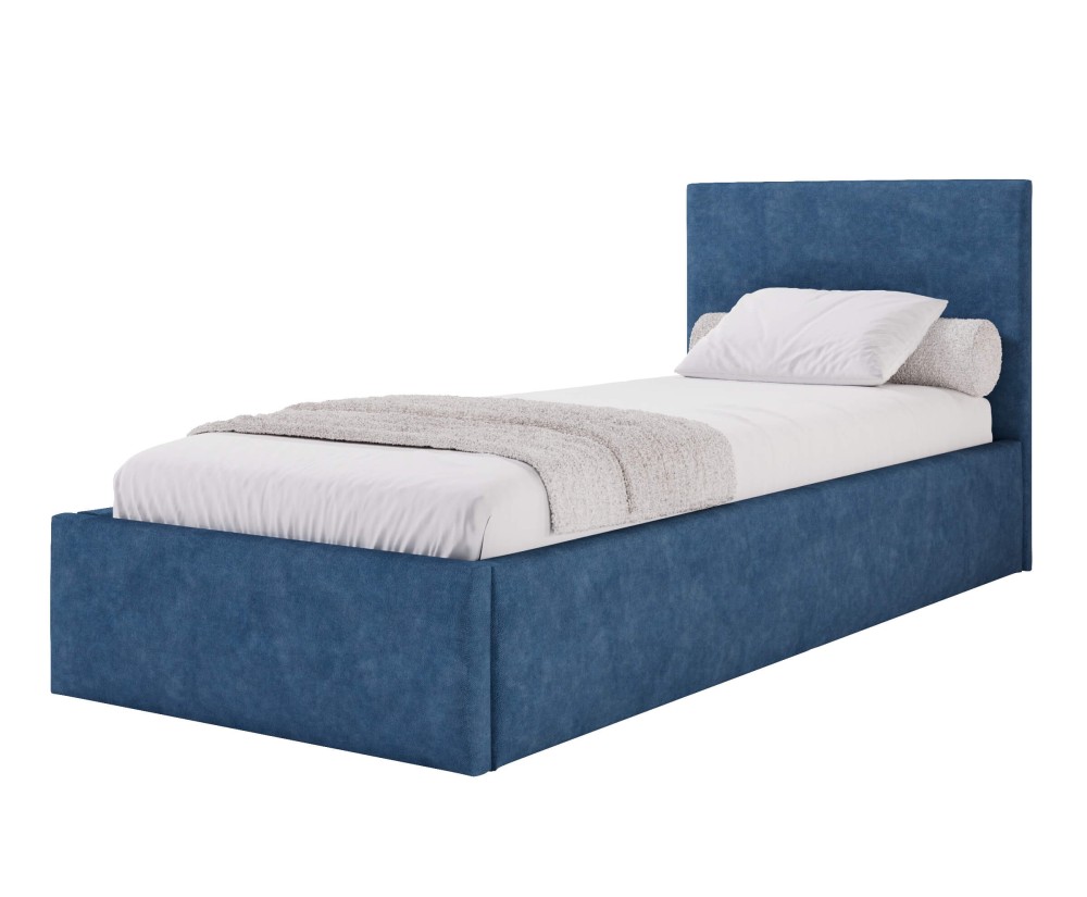 Polsterbett 90x200 cm mit glattem Kopfteil, Bettkasten und Lattenrost, Singlebett AZURO S05