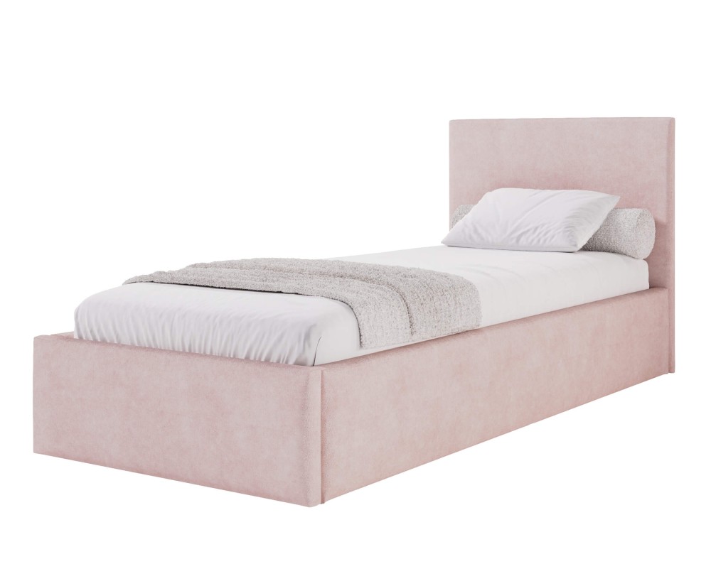 Polsterbett 90x200 cm mit glattem Kopfteil, Bettkasten und Lattenrost, Singlebett AZURO S05