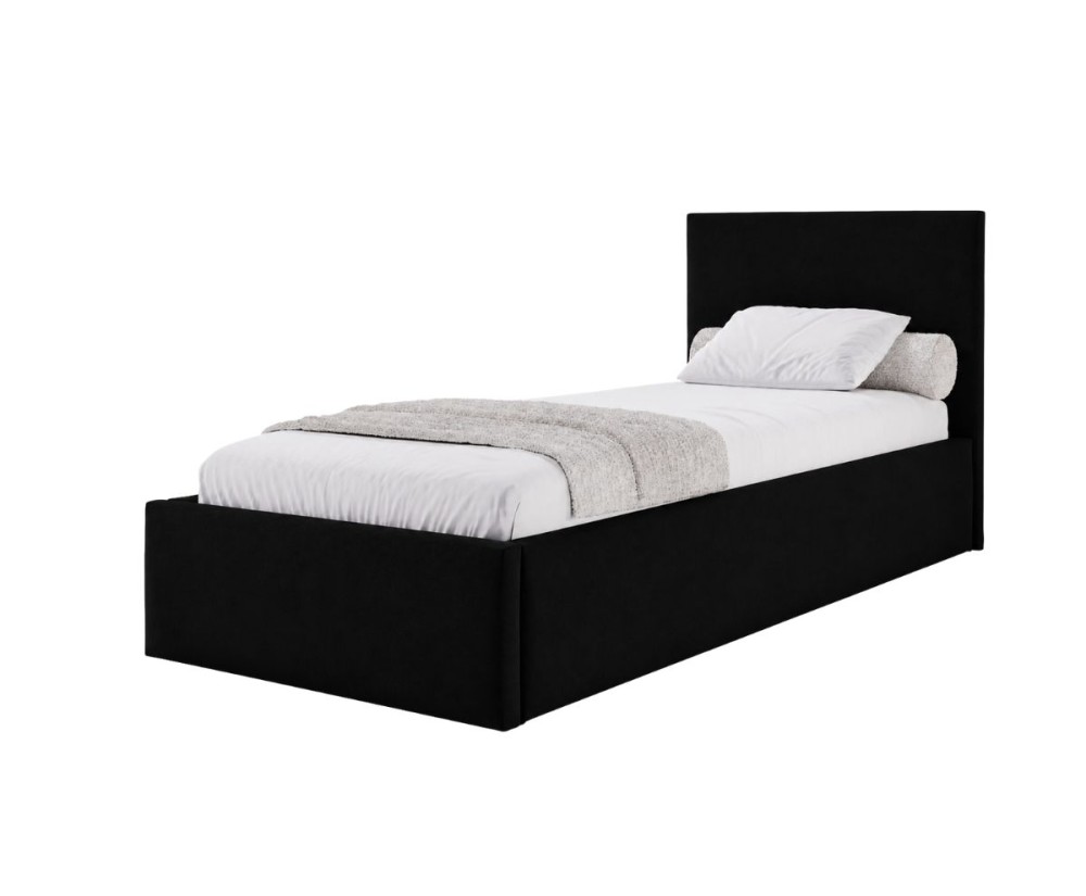 Polsterbett 90x200 cm mit glattem Kopfteil, Bettkasten und Lattenrost, Singlebett AZURO S05