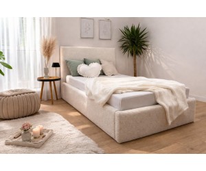 Polsterbett 90x200 cm mit glattem Kopfteil, Bettkasten und Lattenrost, Singlebett AZURO S05