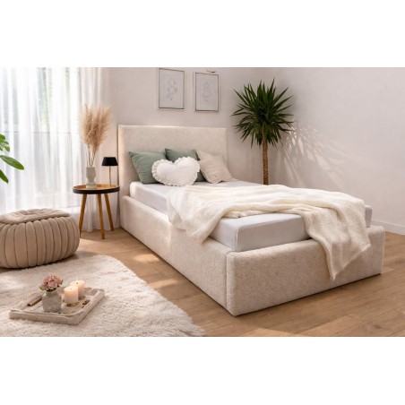 Polsterbett 90x200 cm mit glattem Kopfteil, Bettkasten und Lattenrost, Singlebett AZURO S05
