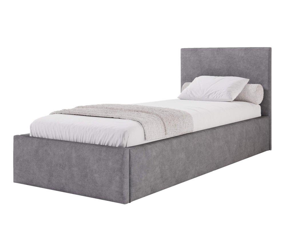 Einzelbett 100x200 cm mit glattem Kopfteil, Stauraum und Lattenrost mit Metallrahmen, Polsterbett AZURO S05