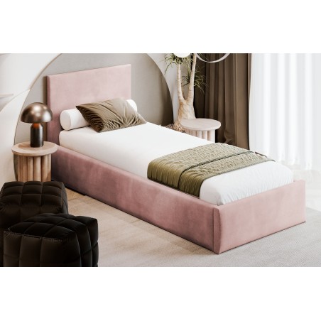 Singlebett 120x200 cm mit glattem Kopfteil, Lattenrost und Bettkasten, Polsterbett AZURO S05