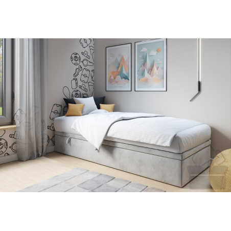 Einzelbett 80x180 cm, Polsterbett mit Bettkasten, Bett in Moly 02 creme HUGO 1R