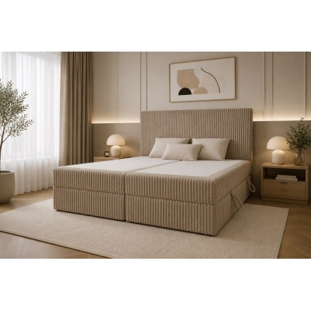 Elegantes Kontinentalbett 160x200 cm mit hohem Kopfteil, 2 Bettkästen, Cordbezug TILIA 03 Beige, Doppelbett NEAPOL 1M
