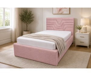 Jugendbett 90x200 cm mit Bettkasten, Lattenrost und pflegeleichtem Stoff, vom Fußteil geöffnet, AZURO S11