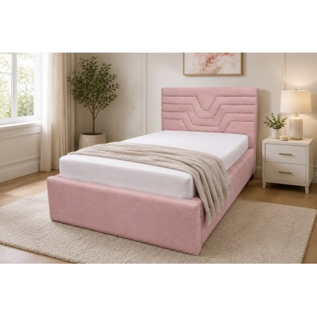 Jugendbett 90x200 cm mit Bettkasten, Lattenrost und pflegeleichtem Stoff, vom Fußteil geöffnet, AZURO S11