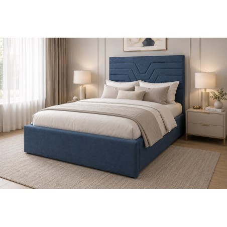 Singlebett 120x200 cm mit Bettkasten und Lattenrost, vom Fußteil geöffnet, Polsterbett AZURO S11