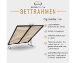 Singlebett 120x200 cm mit Bettkasten und Lattenrost, vom Fußteil geöffnet, Polsterbett AZURO S11