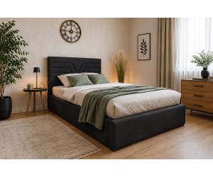 Schwarzes Polsterbett 100x200 cm mit Stauraum und Lattenrost, vom Fußende zu öffnen, in Riviera 100, Einzelbett AZURO S11