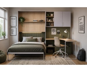 Schrankbett, Klappbett mit Schreibtisch für Jugendzimmer, Wandbett vertikal klappbar, Kaschmir, MAJA 6